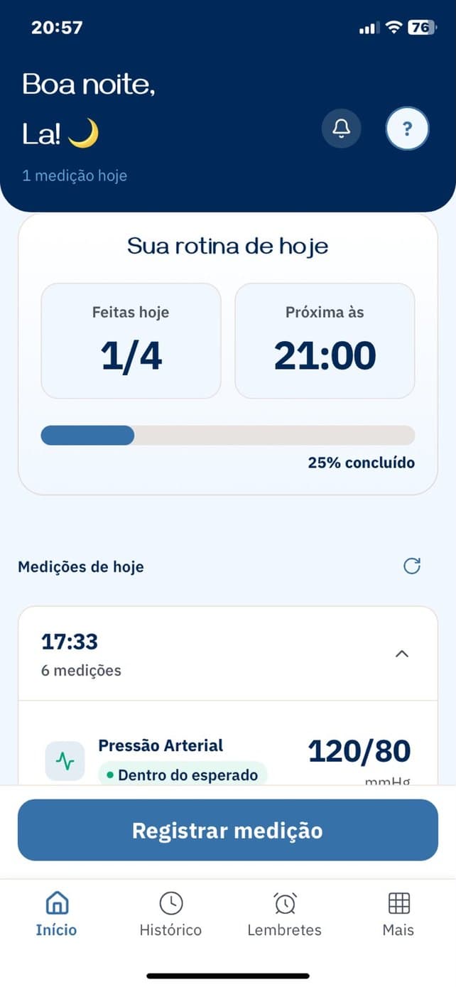 Tela inicial do aplicativo VigiDoc: rotina do dia, próxima medição e as medições de hoje